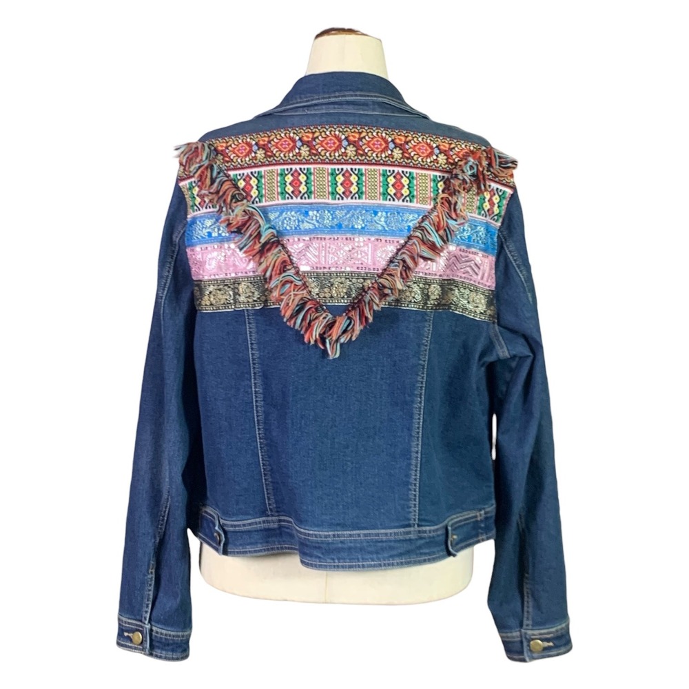 Cato Est 1946 Denim Jacket  XL Blue Boho Embroidered Fringe Back Trucker Jacket